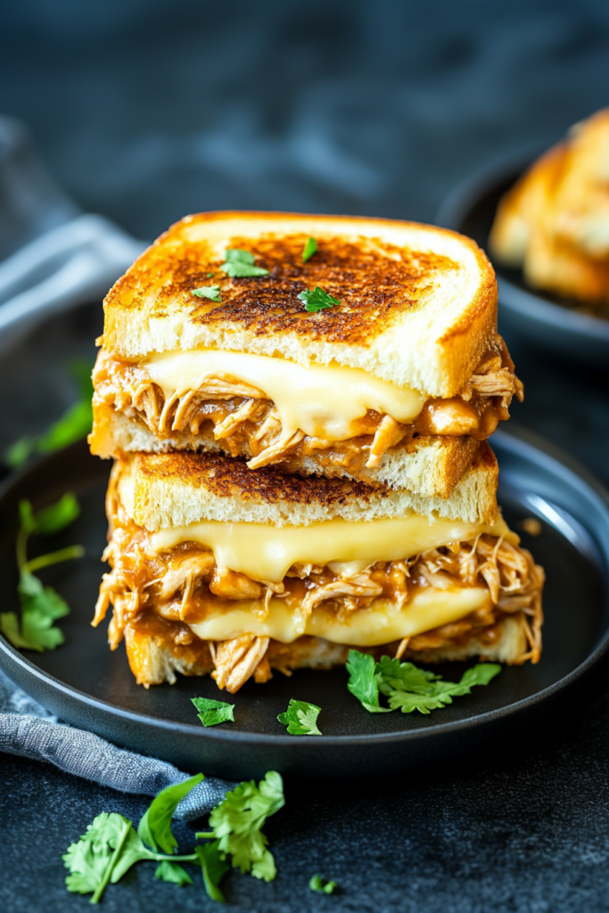 Hearty sandwich cut in half, showing tender shredded chicken and melted cheese oozing between crisp bread slices.