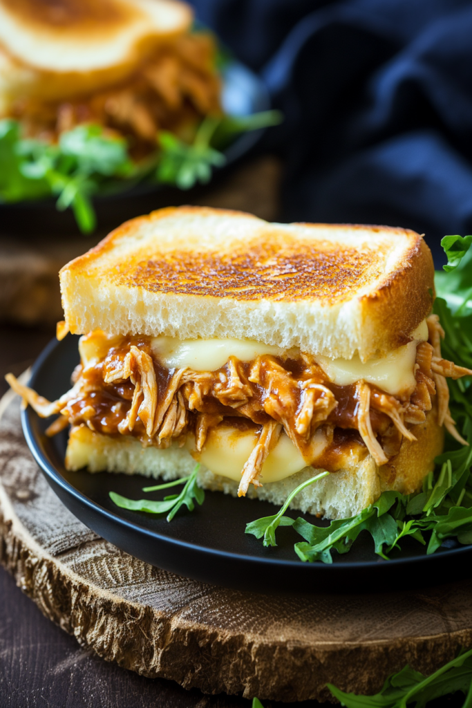 Rustic presentation of a grilled cheese sandwich, melted cheddar and barbecue chicken visible in every bite.