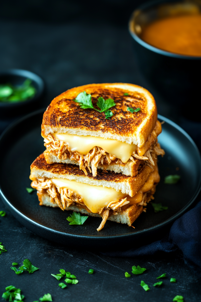 Final plated shot of the Smoky BBQ Chicken Grilled Cheese, with rich layers of meat and cheese.