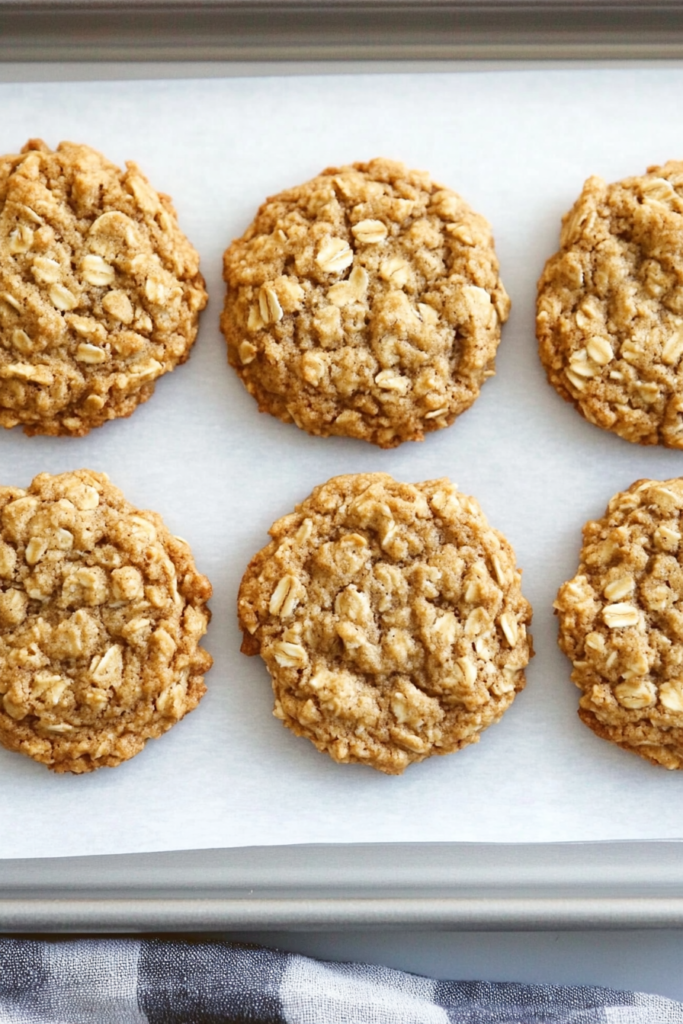 Soft oatmeal cookies with visible rolled oats, baked until lightly golden
