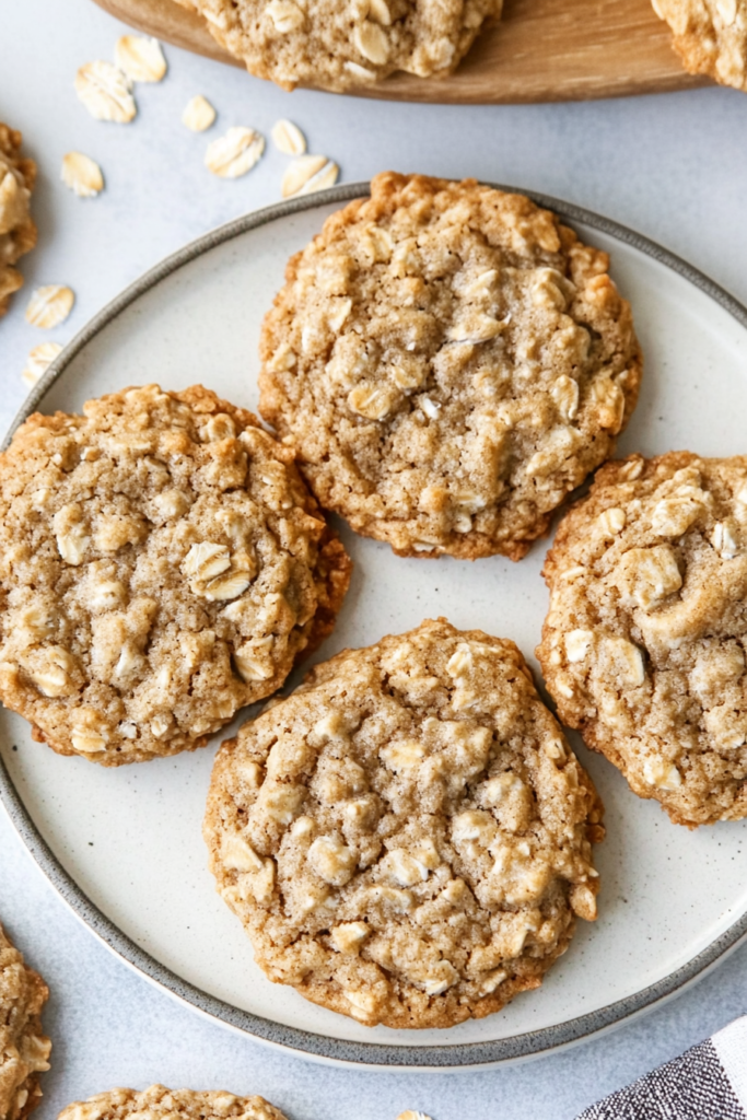 Plate of freshly baked oatmeal cookies with a soft, chewy texture