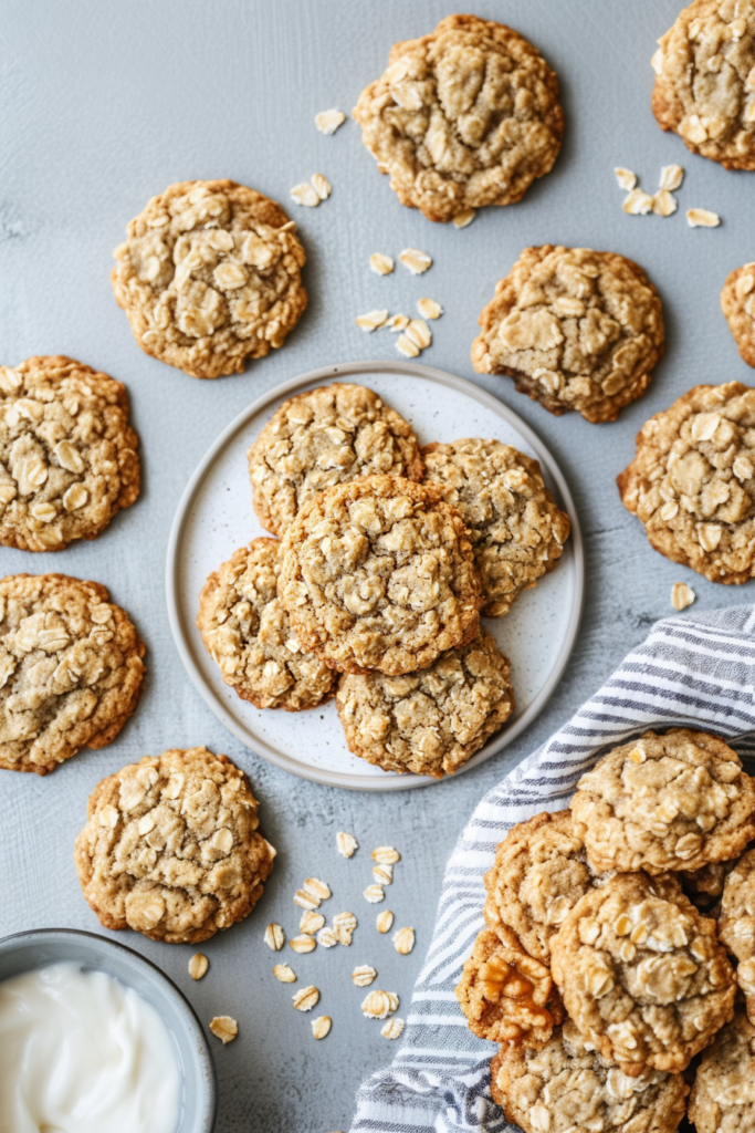 Chewy oatmeal cookies arranged on a plate with scattered oats nearby