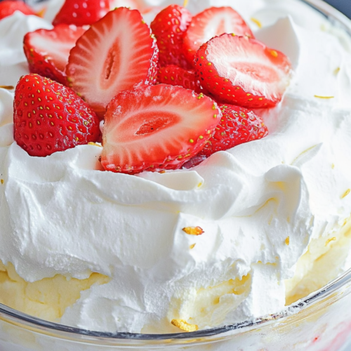 Close-up of vibrant red strawberries contrasting with fluffy cream and golden cake layers.