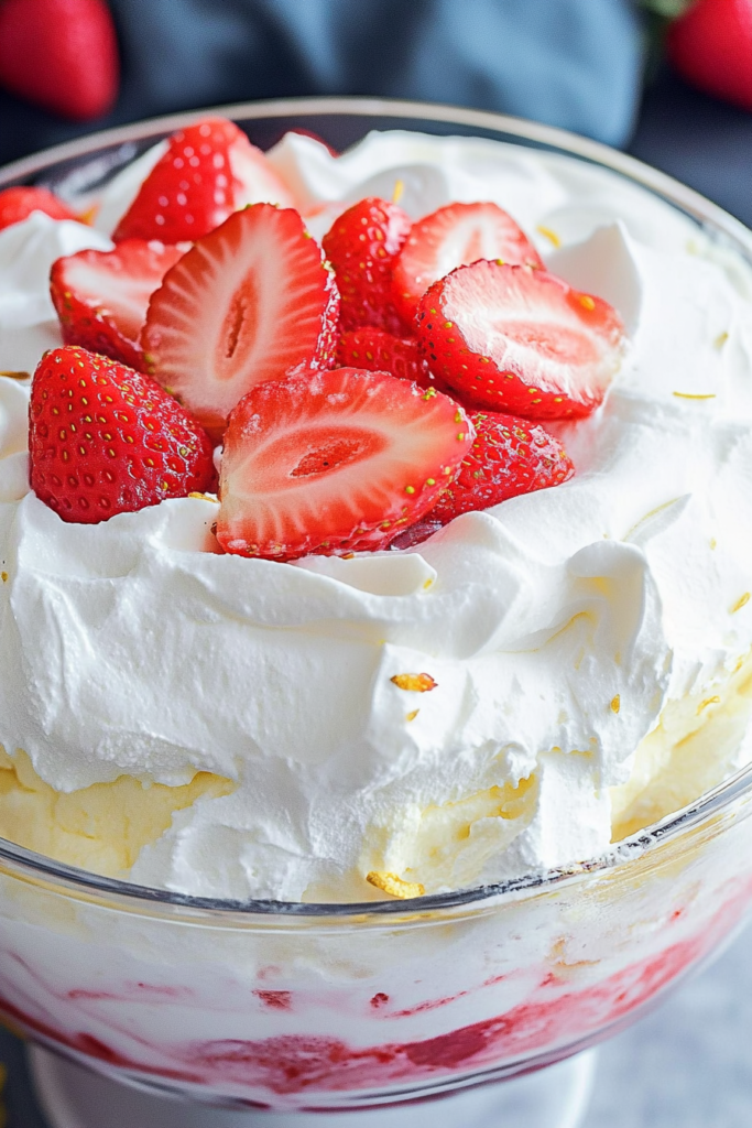 Close-up of vibrant red strawberries contrasting with fluffy cream and golden cake layers.
