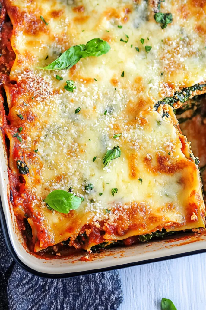 Golden-brown baked pasta with visible ricotta and leafy greens between the layers.