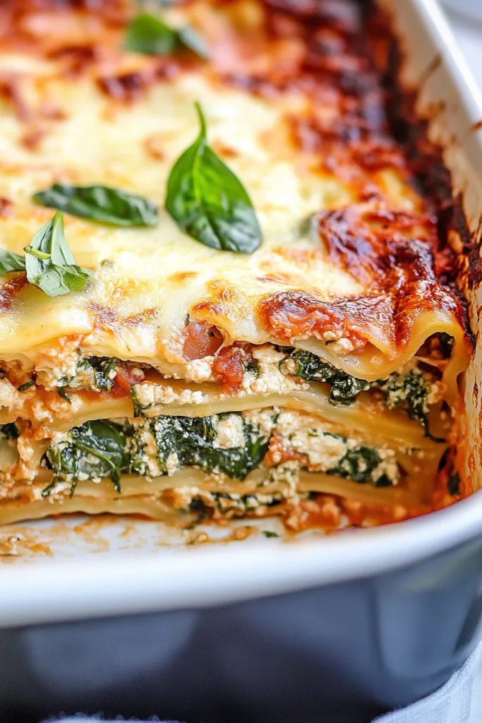 Detailed view of bubbling cheese and sauce over pasta layers with greens.
