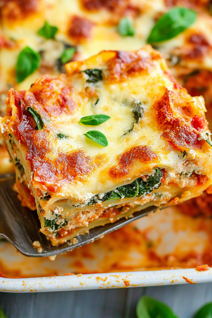 Freshly baked cheesy pasta portion being lifted from the pan