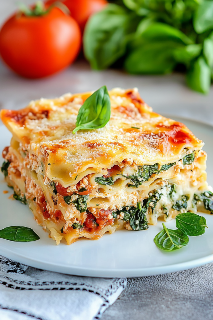 Close-up slice of layered pasta with melted cheese and wilted greens on top.