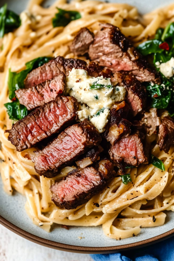 Close-up of tender steak strips on top of rich, cheesy noodles.