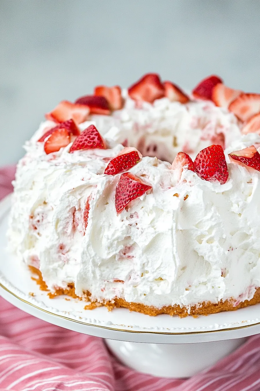 Finished dessert with a tender crumb, creamy frosting, and bright red strawberries on top.