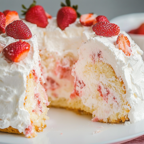 Close-up of a fluffy white cake covered in soft cream and fresh sliced strawberries.