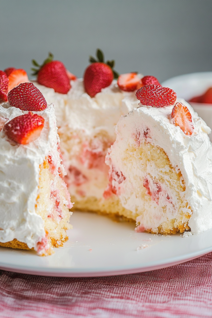 Close-up of a fluffy white cake covered in soft cream and fresh sliced strawberries.