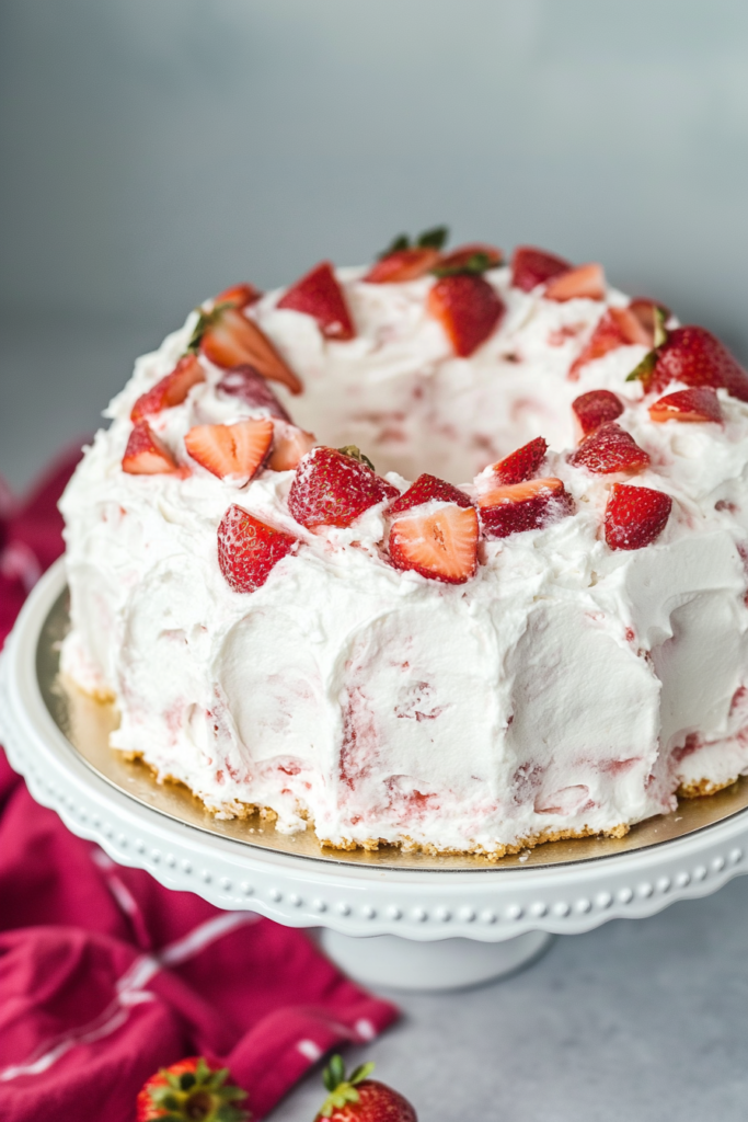 Elegant homemade cake with a cloud-like frosting and juicy strawberry topping.