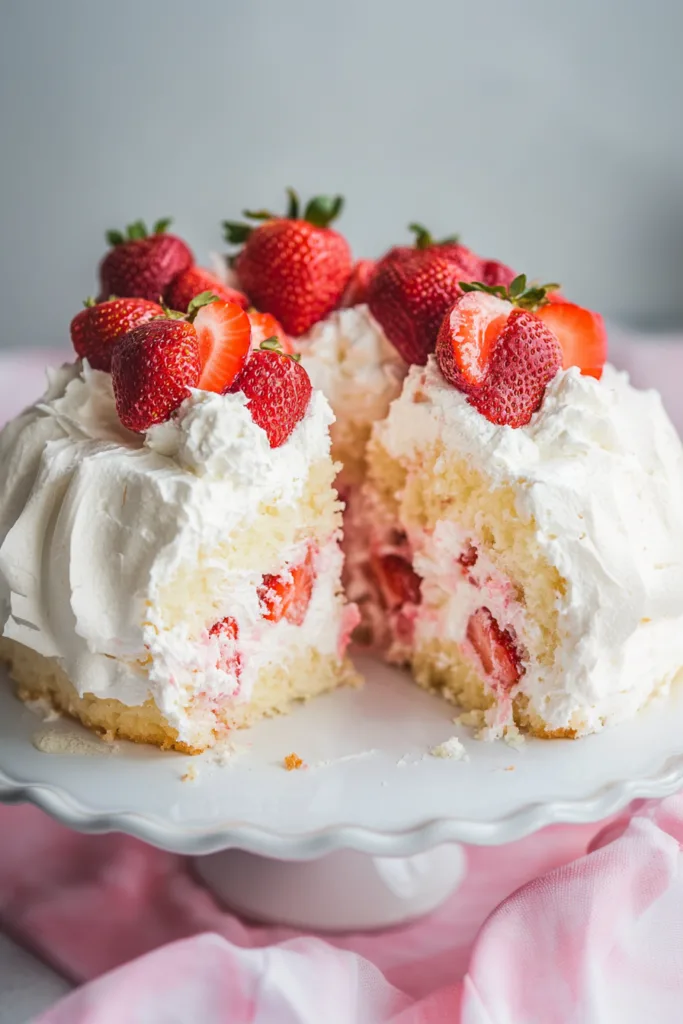 Whipped creamโcovered cake decorated with fresh strawberries on a cake stand.