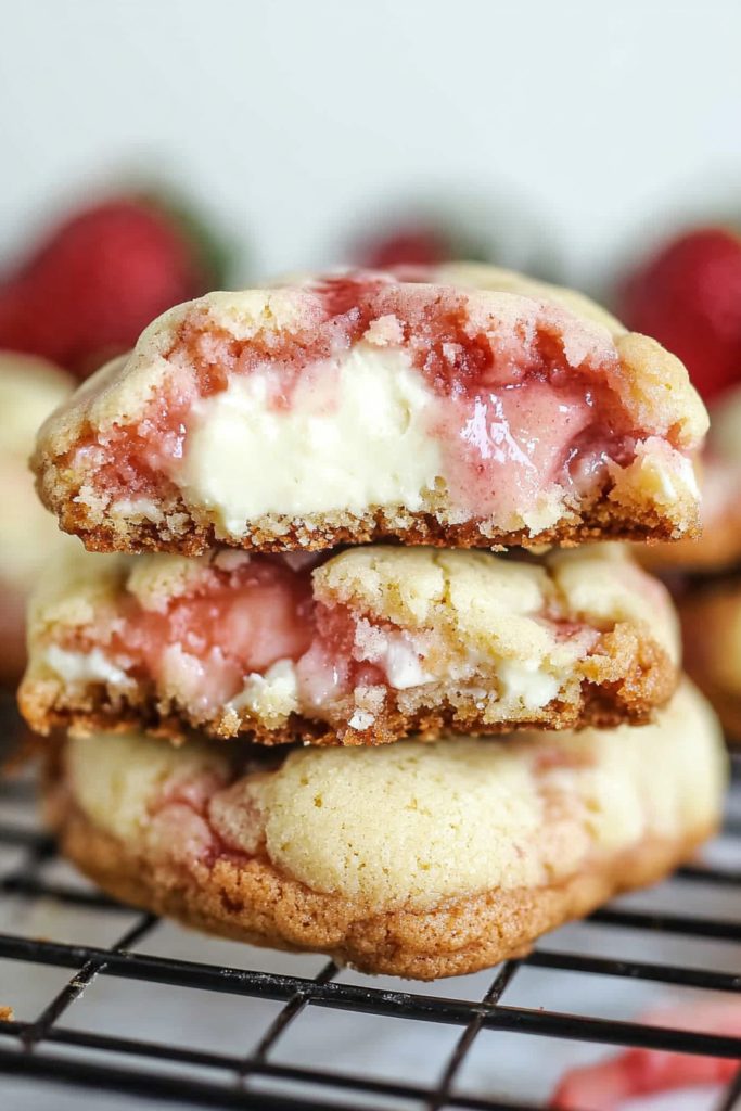 Soft cookies with a creamy cheesecake center and visible strawberry filling, stacked on a cooling rack