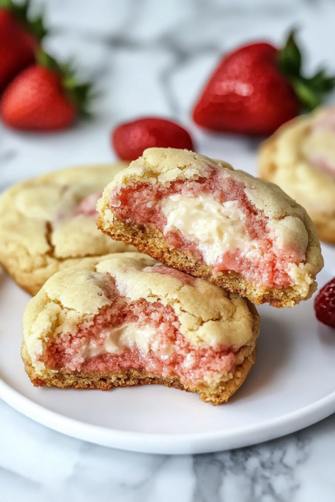 Stack of stuffed cookies revealing a rich cream cheese filling and strawberry pieces