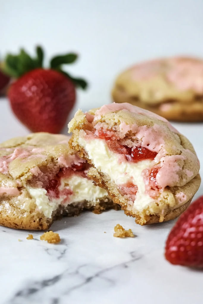 Thick bakery-style cookies with a creamy cheesecake core and strawberry flavor