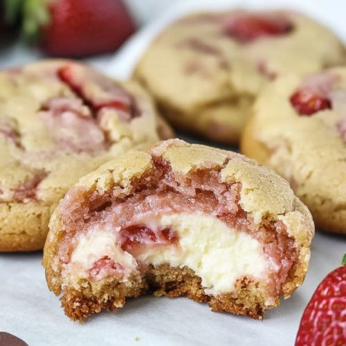 Freshly baked cookies with a golden edge and pink strawberry cheesecake filling inside
