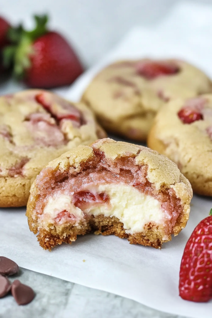 Freshly baked cookies with a golden edge and pink strawberry cheesecake filling inside