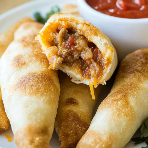 Crispy baked roll cut open to reveal gooey cheese, ground beef, and diced tomatoes inside.