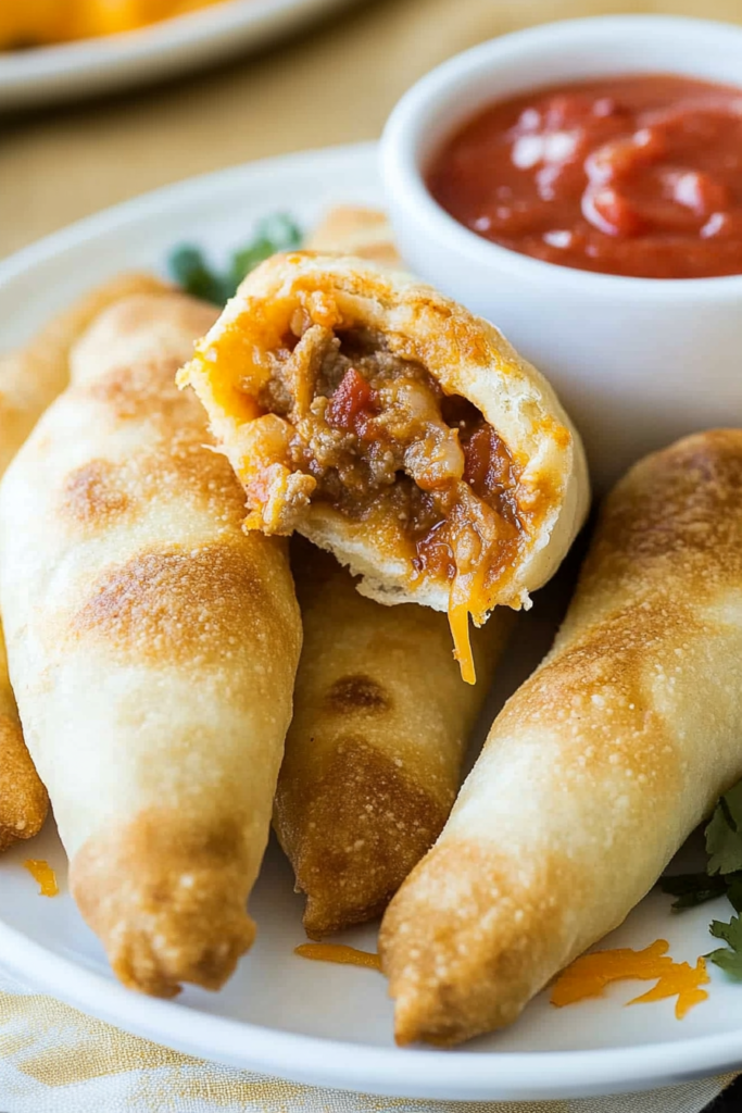 Crispy baked roll cut open to reveal gooey cheese, ground beef, and diced tomatoes inside.
