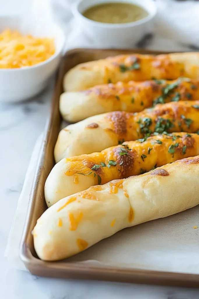 Cheese-stuffed taco bread sticks fresh from the oven, golden and ready to serve.