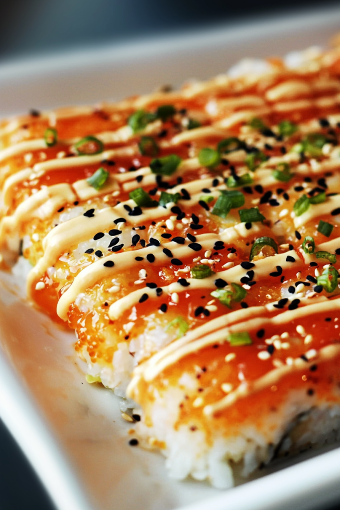 Warm sushi-style casserole with crisp edges and a colorful sauce drizzle.