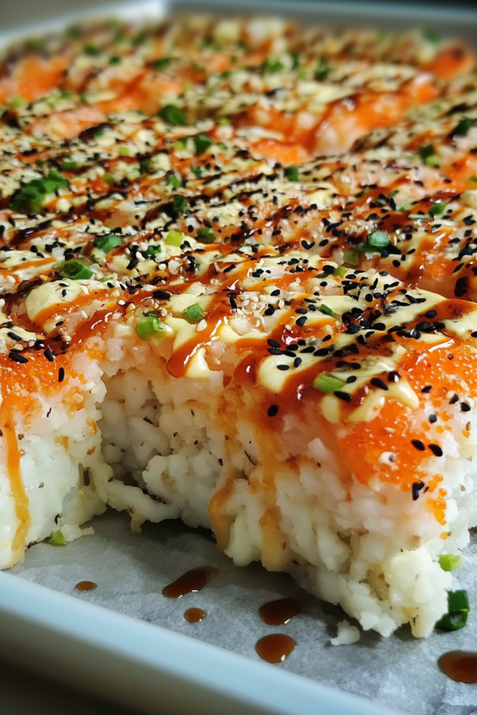 Close-up of a golden, broiled seafood topping with drizzled sauce and sesame garnish.