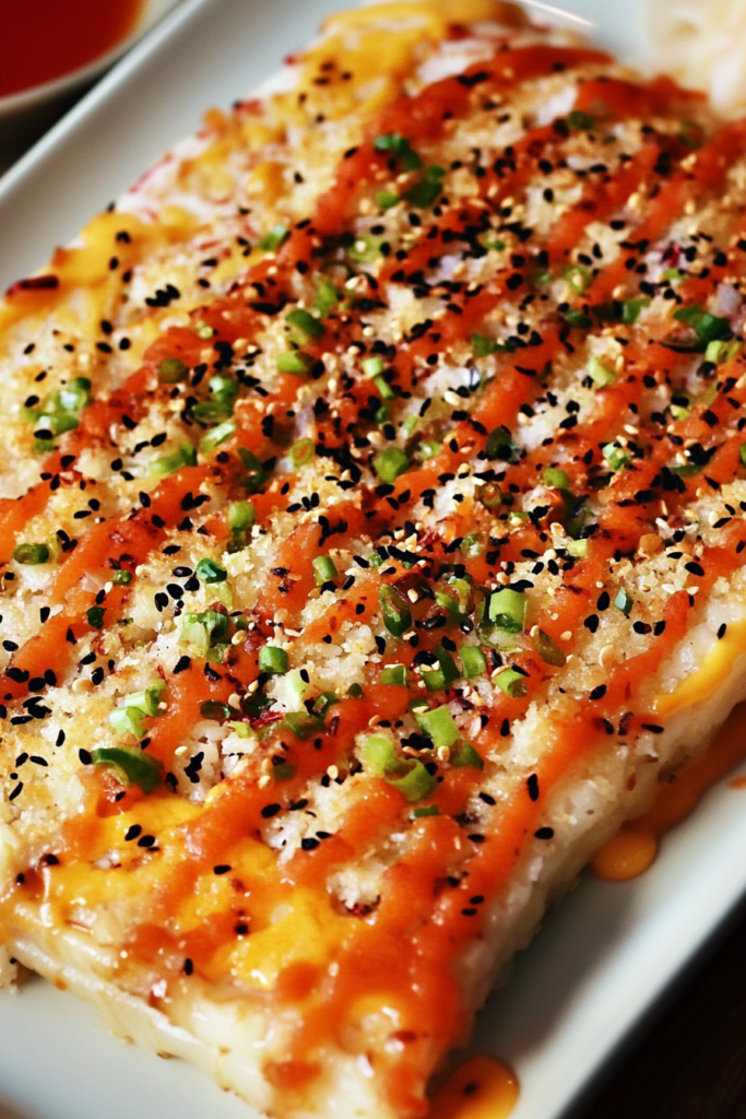 Served sushi-inspired bake showing toasted topping and vibrant seasonings.