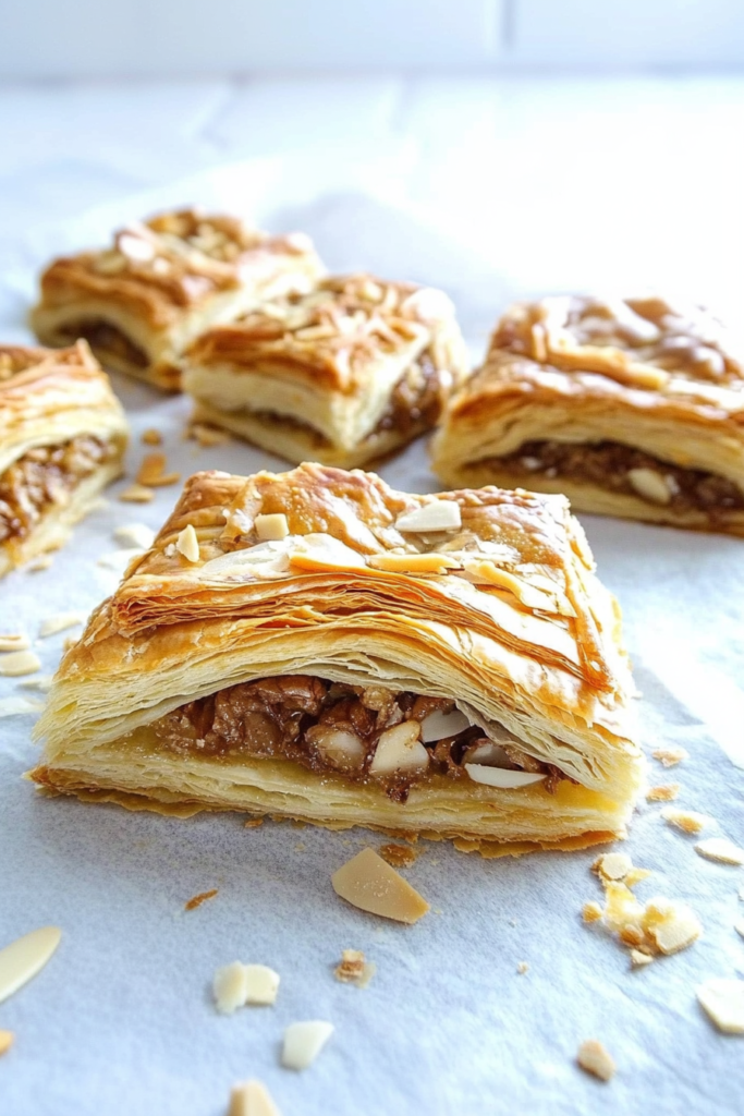Freshly baked almond-topped pastry resting on parchment paper.