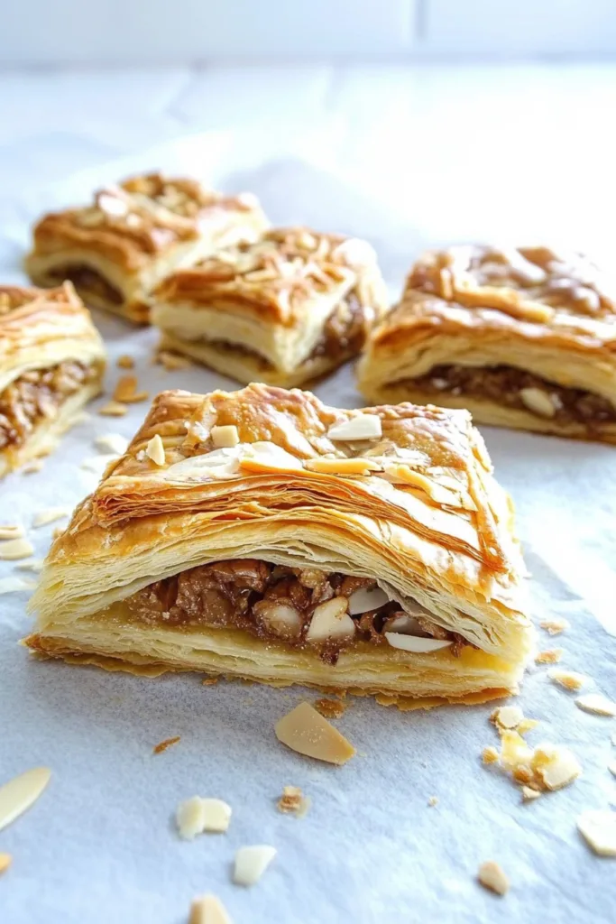 Freshly baked almond-topped pastry resting on parchment paper.