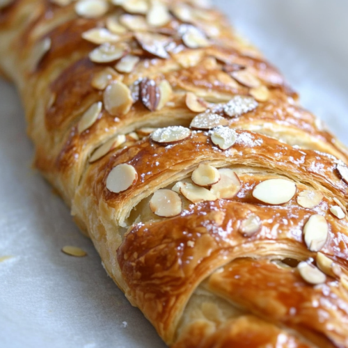 A long pastry loaf with flaky layers and toasted nuts scattered on top.