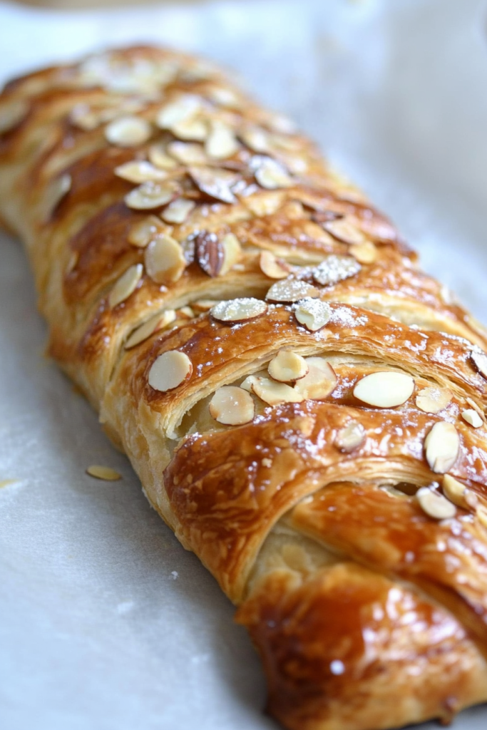 A long pastry loaf with flaky layers and toasted nuts scattered on top.