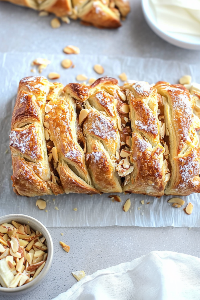 Buttery, layered pastry showcasing a shiny crust and crunchy almond slices.