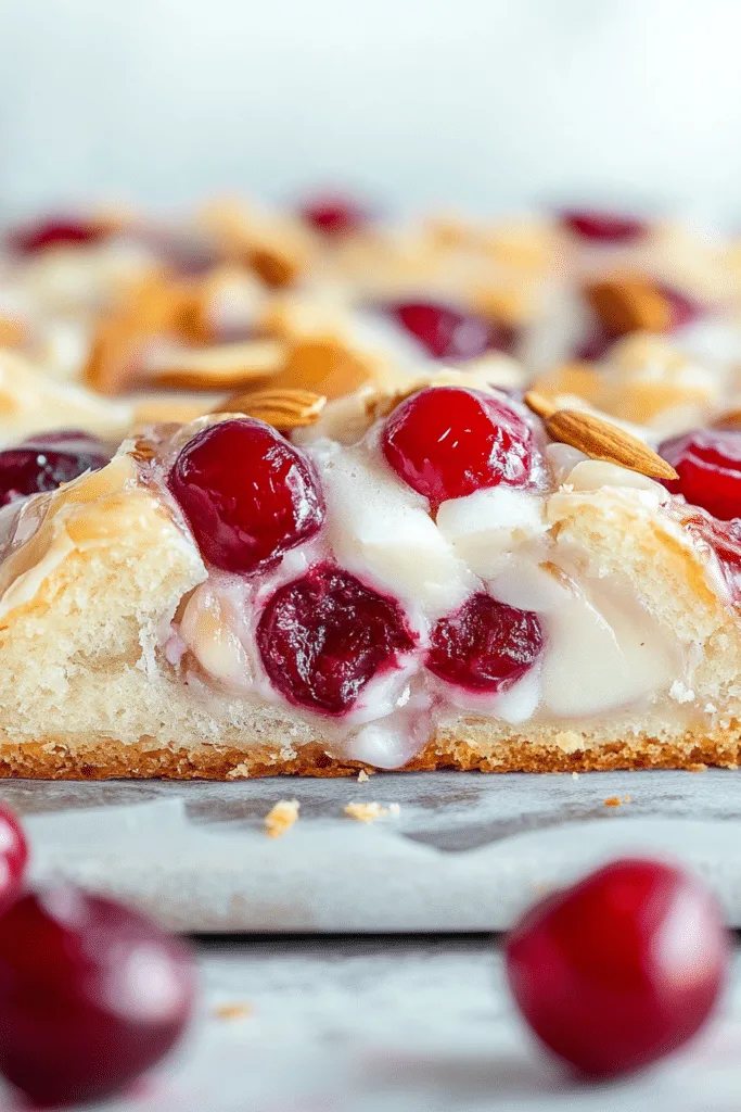 Flaky pastry cut open to reveal creamy filling and whole cherries.