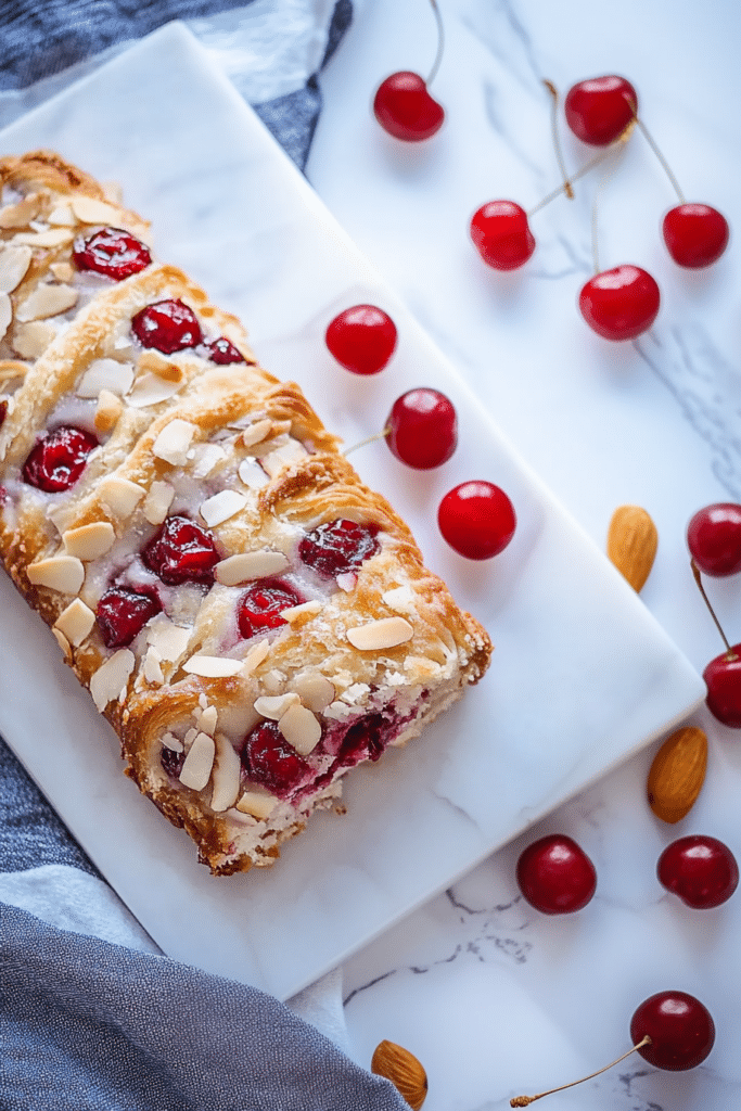 Baked braided pastry showing juicy cherries peeking through the layers.