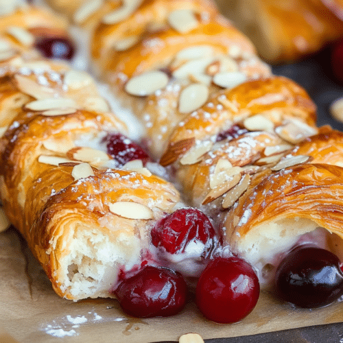 Close-up of a golden flaky pastry filled with cherries and topped with sliced almonds.