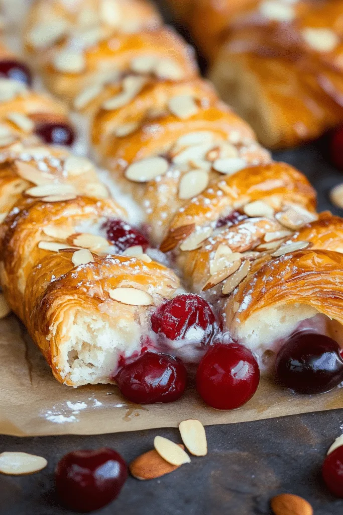 Close-up of a golden flaky pastry filled with cherries and topped with sliced almonds.