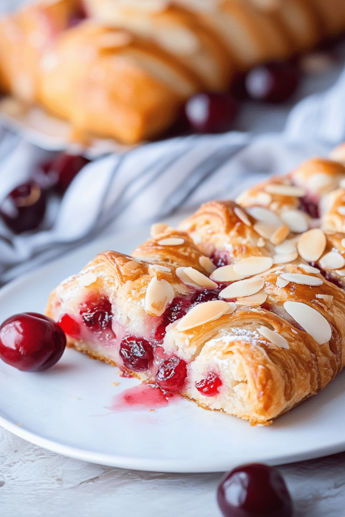 Freshly baked danish with powdered sugar, cherries, and thin almond slices.