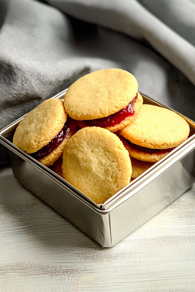 Cookie tin packed with golden sandwich cookies and glossy red jam centers