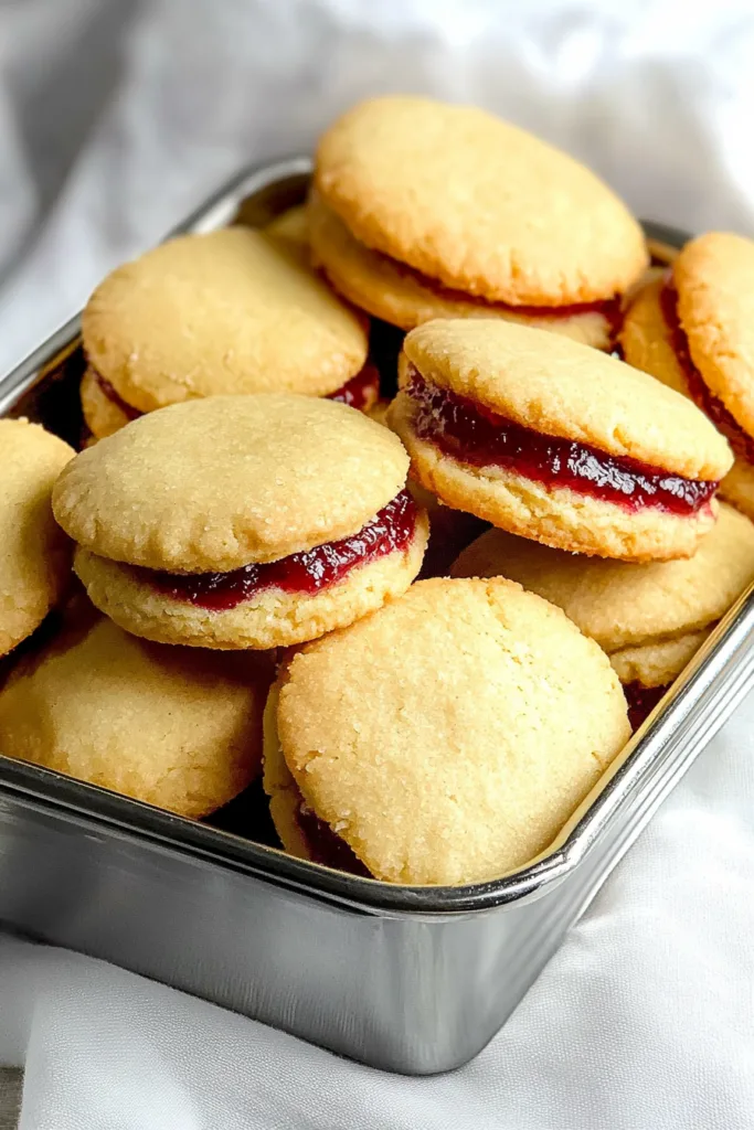 Golden sandwich cookies with vibrant berry filling arranged neatly in a container
