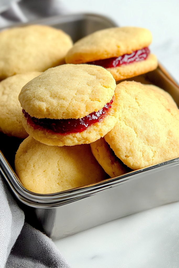 Stack of delicate jam-filled cookies on a white cloth backdrop