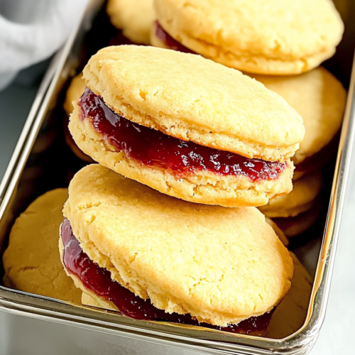 Close-up of two buttery sandwich cookies filled with red jam in a metal tin