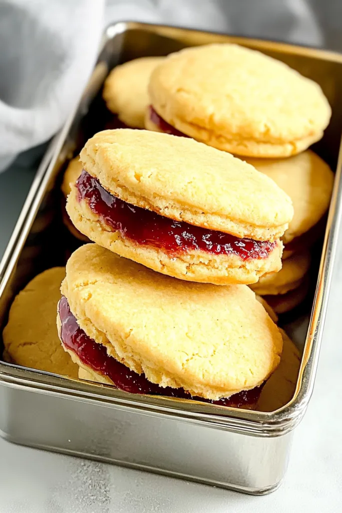 Close-up of two buttery sandwich cookies filled with red jam in a metal tin