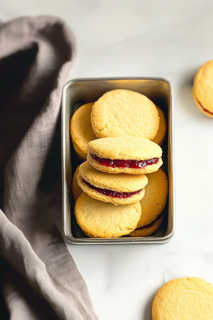 Sweet jam-filled cookies showing crisp edges and a soft, tender texture