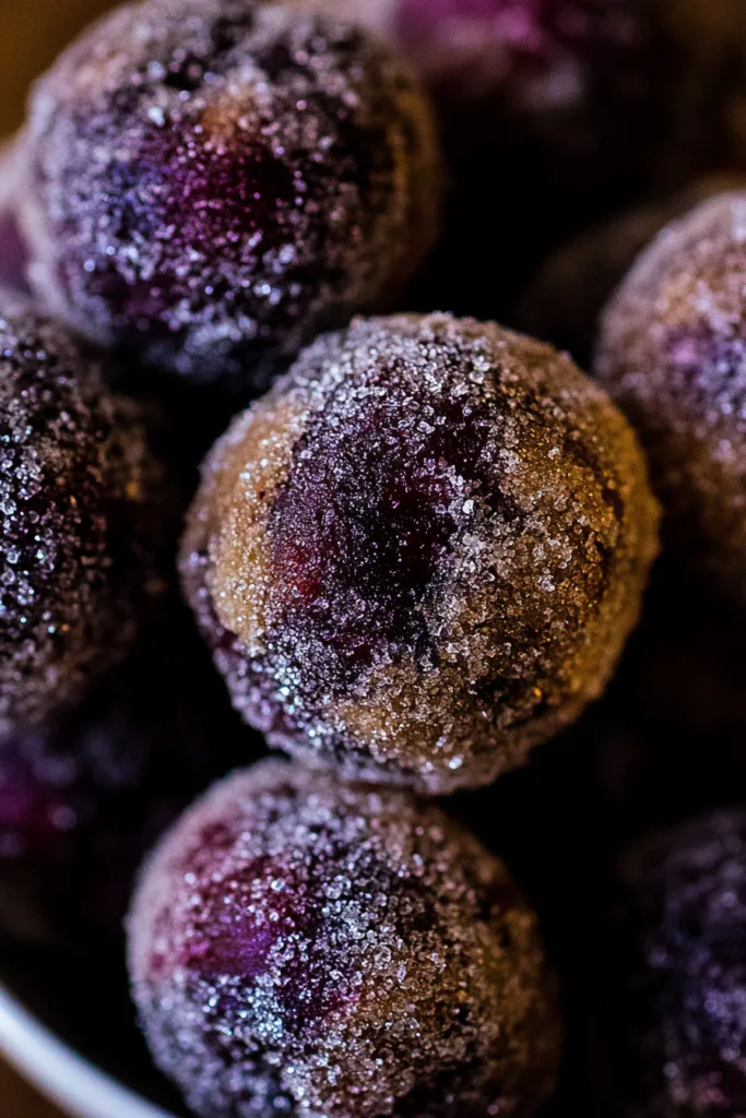 Close-up of sugar-coated plums showing frosty texture and deep red color