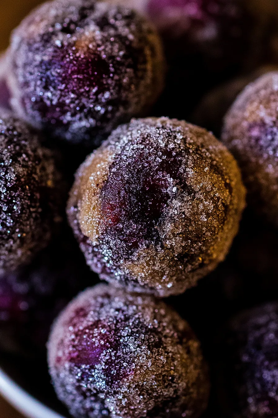 Close-up of sugar-coated plums showing frosty texture and deep red color