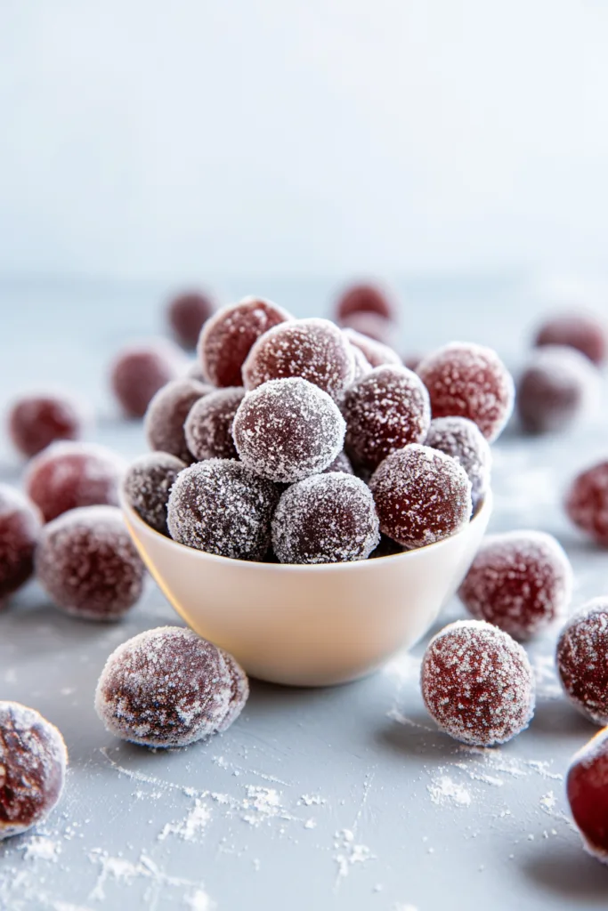 Sugared cranberries in a bowl, sparkling with frosted sugar coating