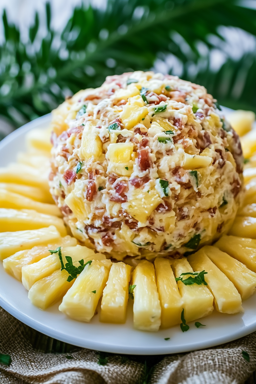 Round cheese appetizer speckled with pineapple and onion, surrounded by small toppings