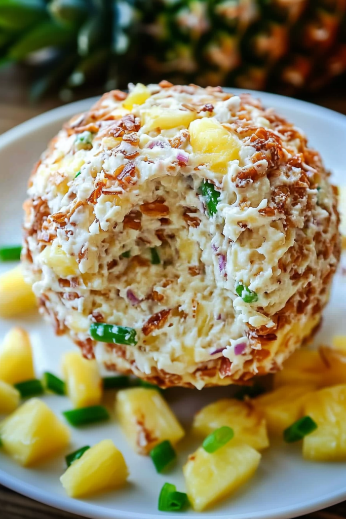 Close-up of a creamy nut-covered cheese ball served with fresh pineapple pieces